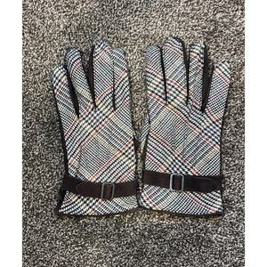 Rag & Bone Plaid Brown Lambskin Suede Black Buckle Gloves Size 8.5 Silk Lining